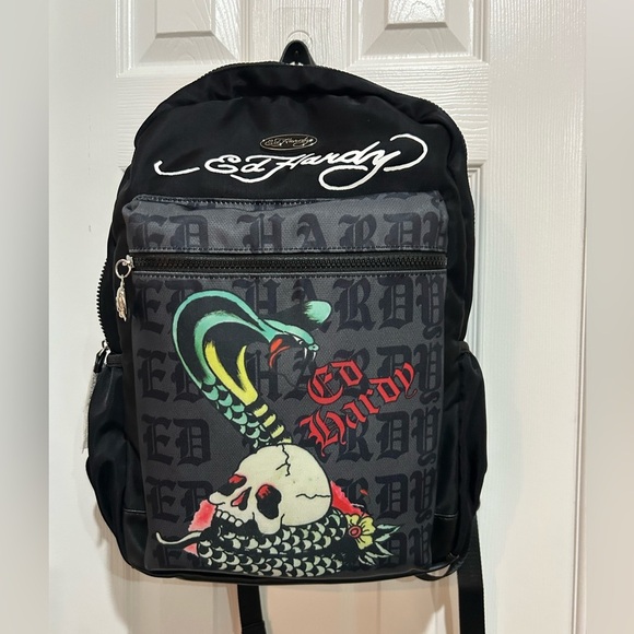 Ed Hardy Black and Gray Backpack with Skull Design - Picture 1 of 5